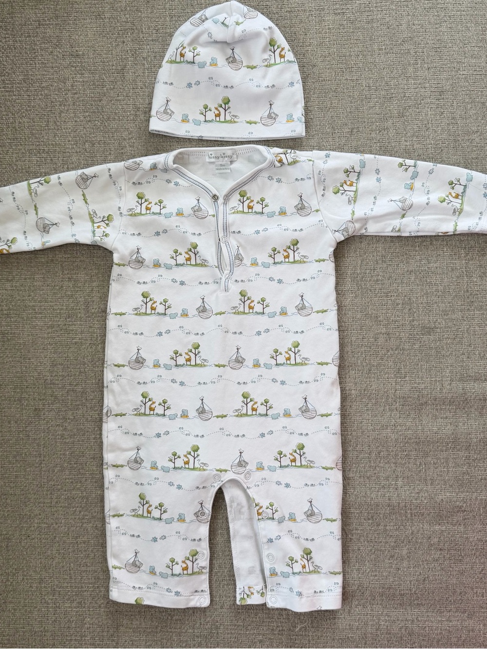 Kissy Kissy Neutral  Woodland Print Baby One-Piece with Hat, 9 months